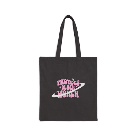 black tote bag with pink letters