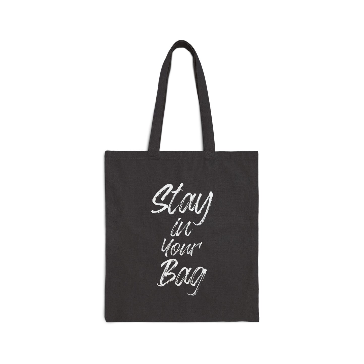 black tote bag with white letters