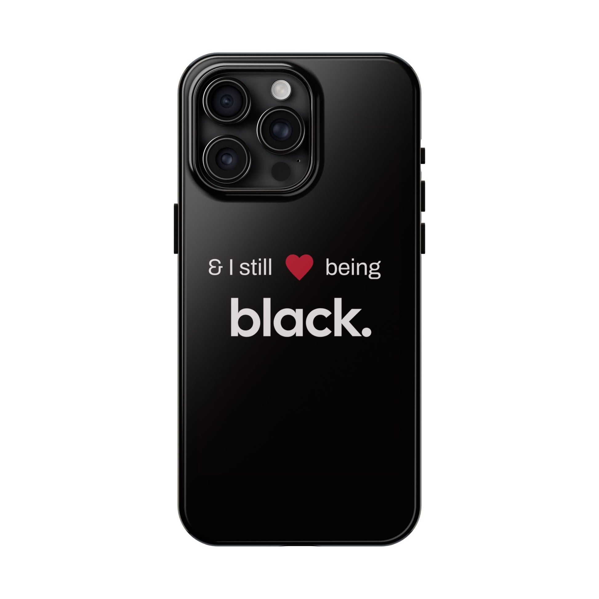 black phone case with white text and red heart.