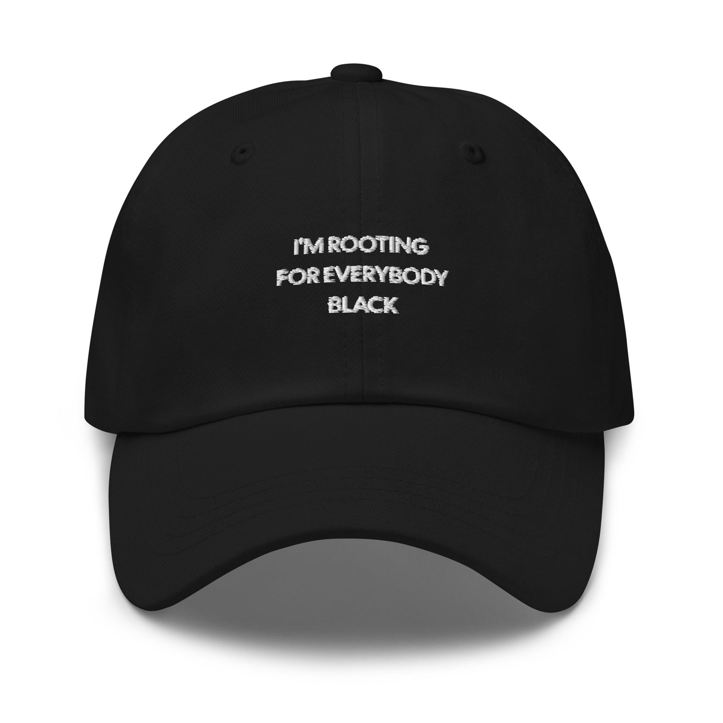 Black baseball cap with black empowerment phrase embroidered in white font front view.