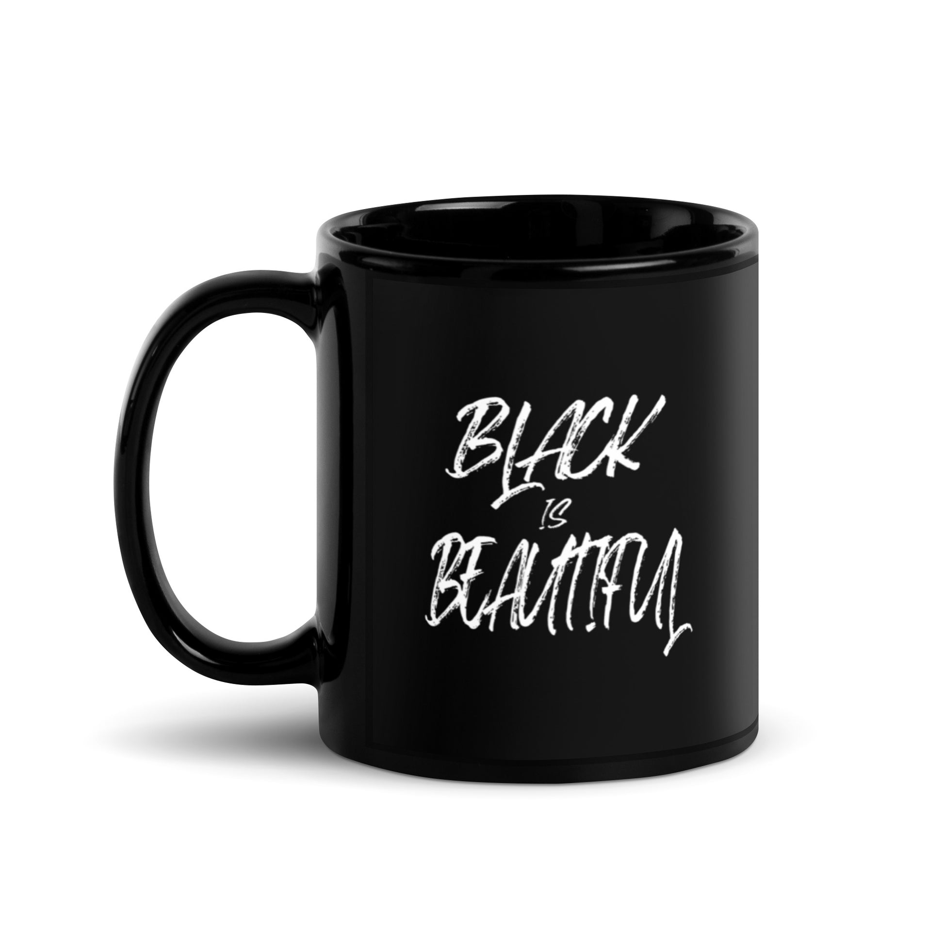 image of black glossy mug with black id beautiful written in white graffiti letters.