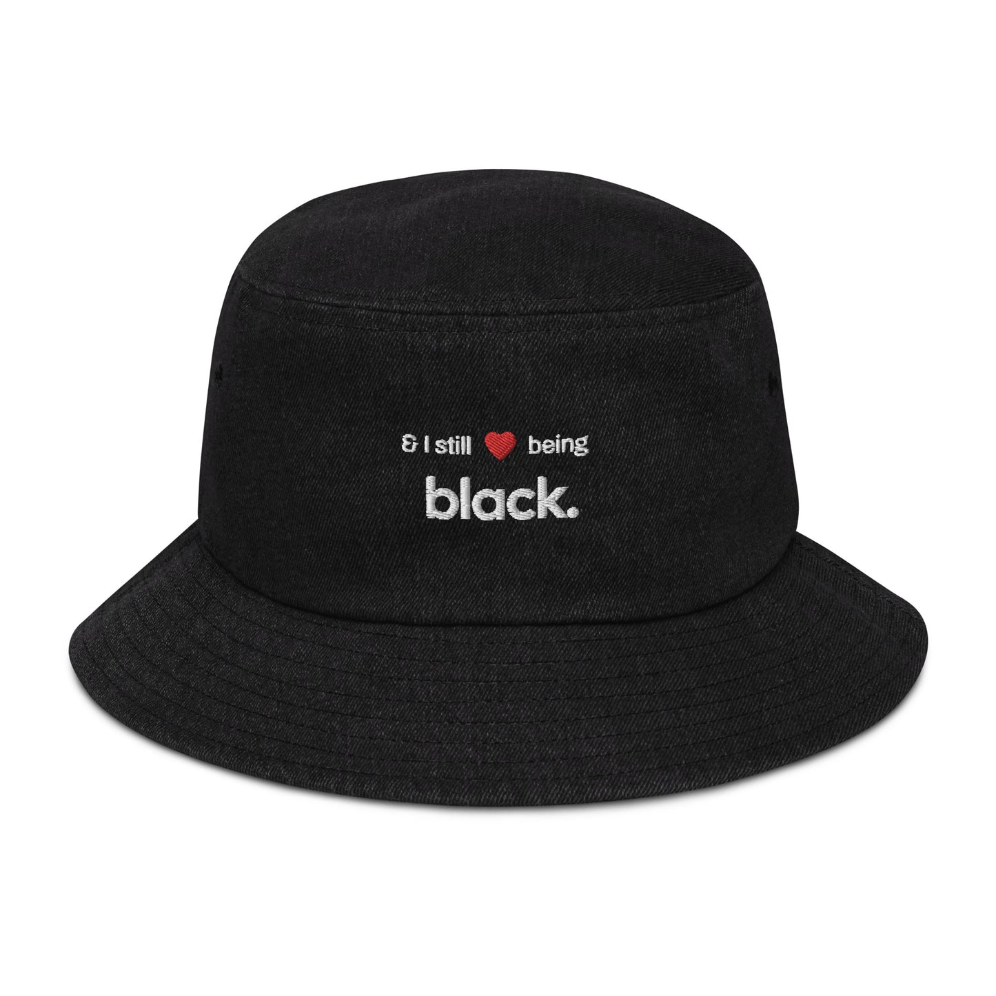 black denim hat with red hear and black empowerment phrase on it