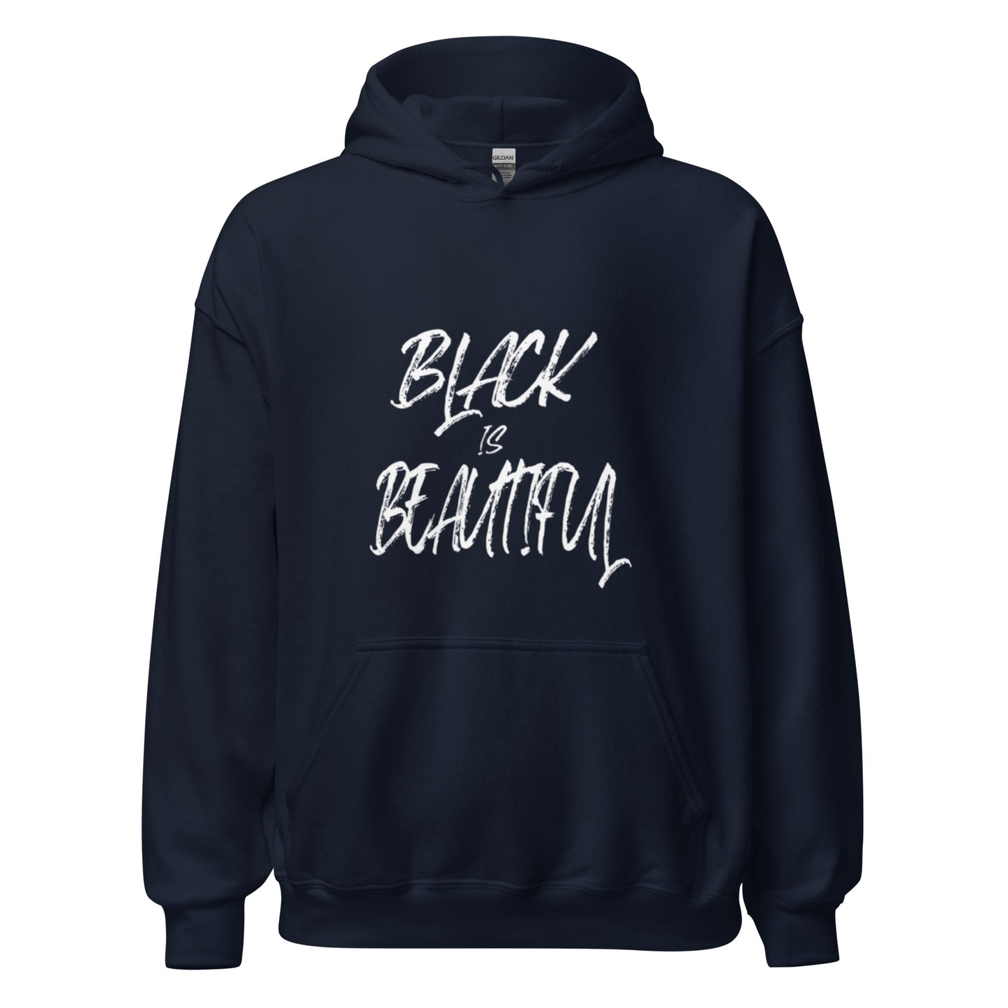 Navy hoodie with black empowerment phrase on it in white font.