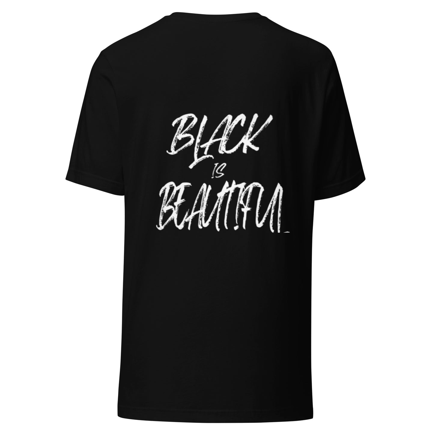 Black tshirt with black empowerment phrase written in white text back view.