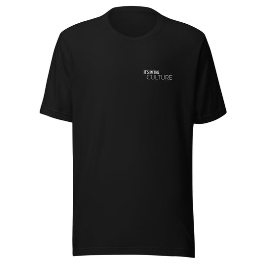 Black tshirt with black empowerment phrase written in white text front view.