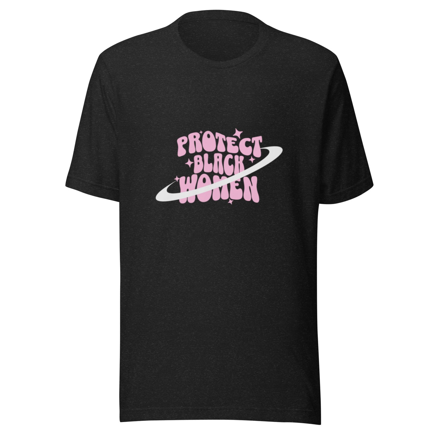 Heather black tshirt with black empowerment phrase written in pink text.