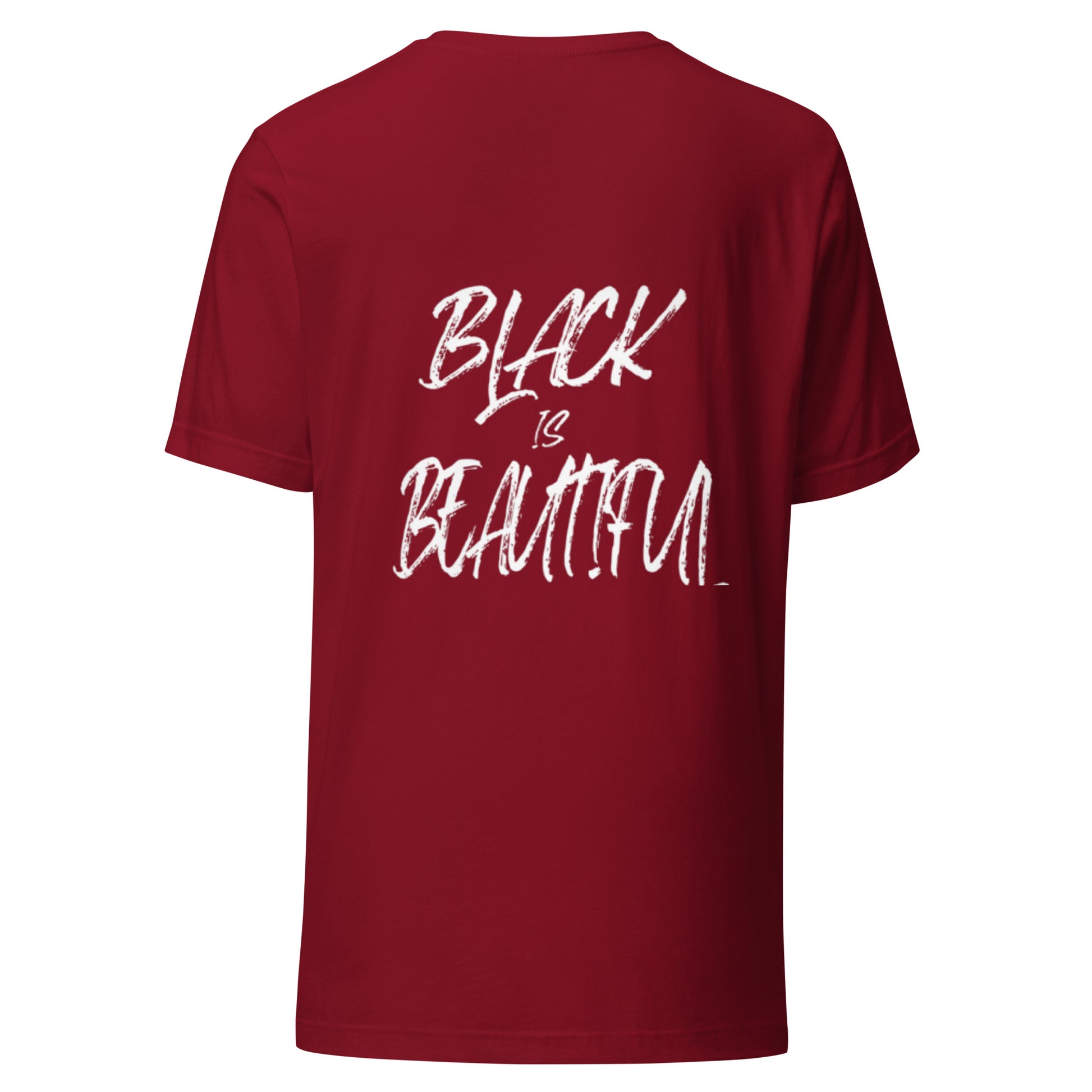 Red tshirt with black empowerment phrase written in white text back view.