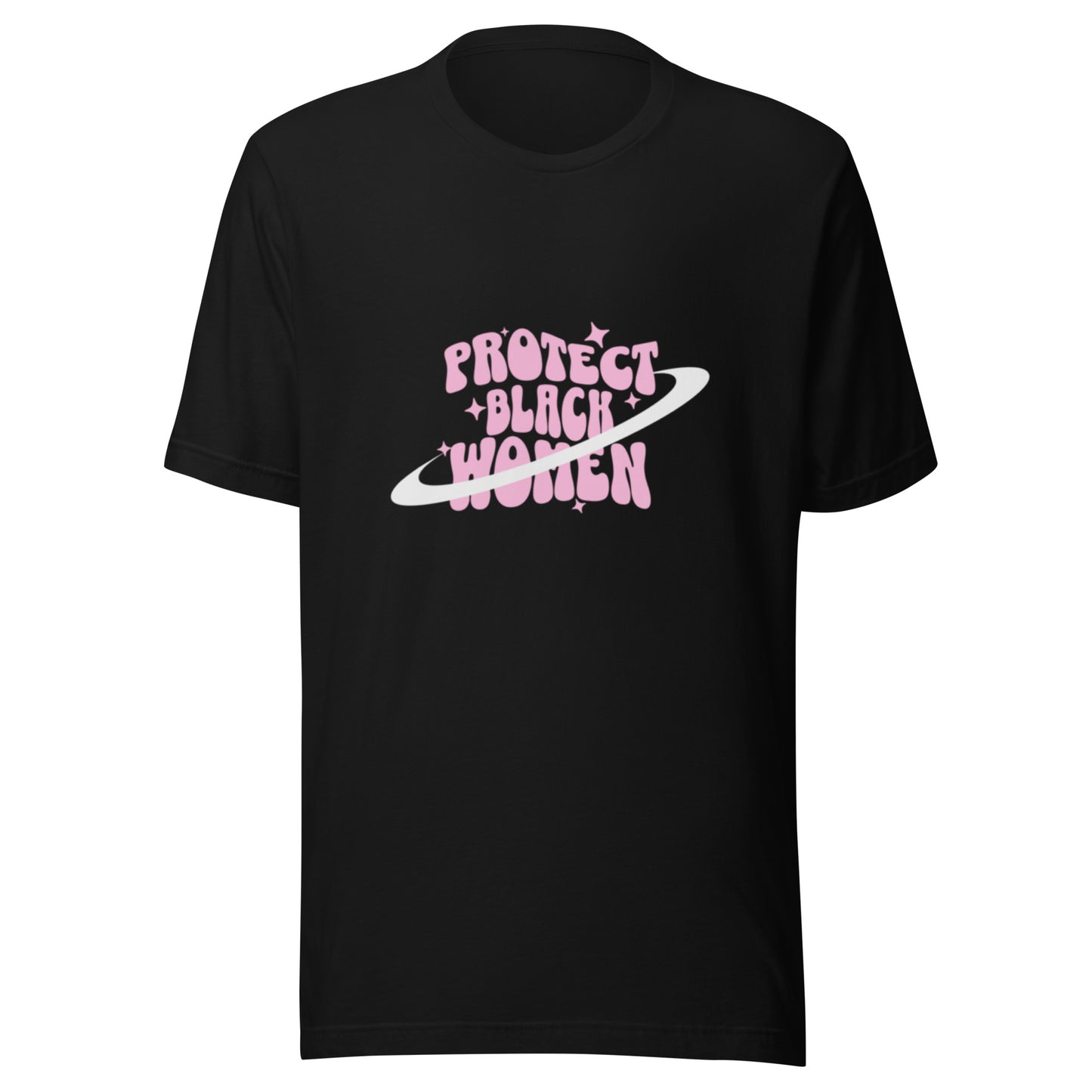 Black tshirt with black empowerment phrase written in pink text.