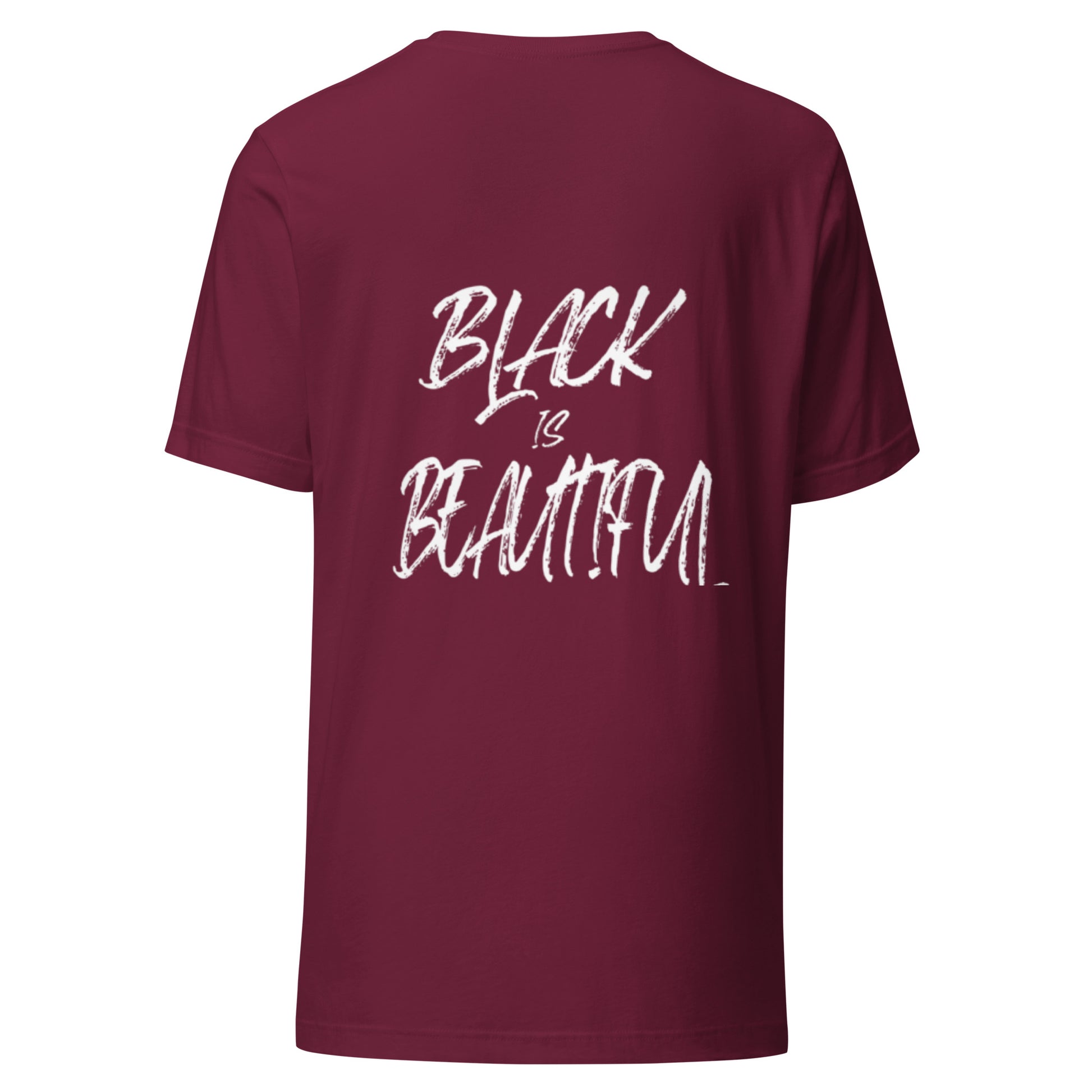 Maroon tshirt with black empowerment phrase written in white text back view.