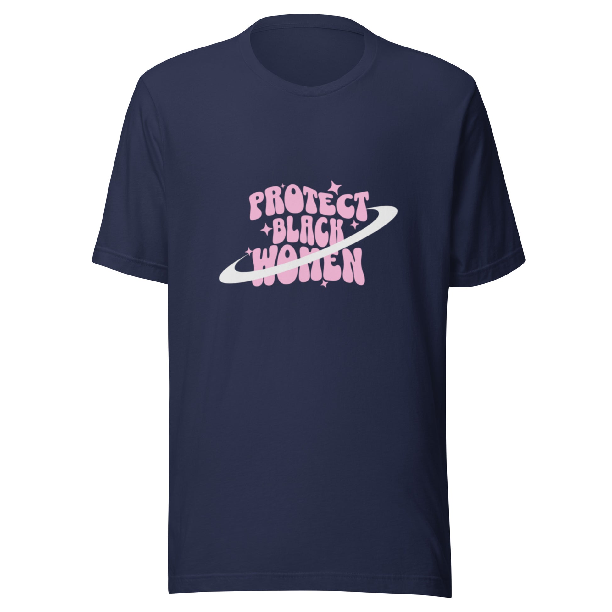 Navy tshirt with black empowerment phrase written in pink text.