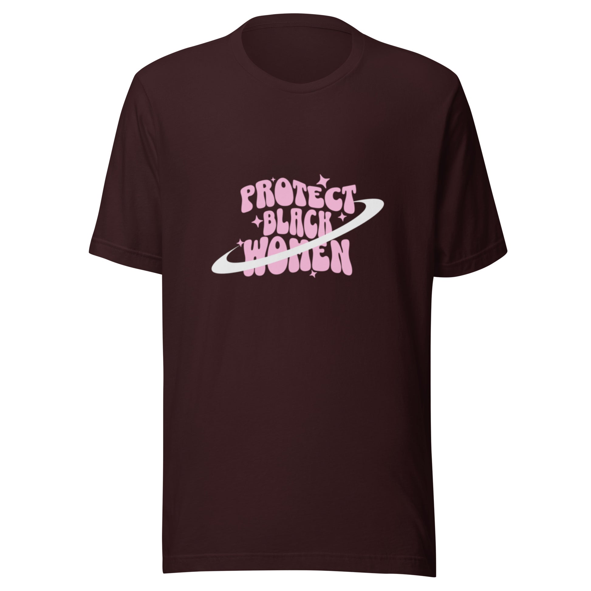 Maroon tshirt with black empowerment phrase written in pink text.